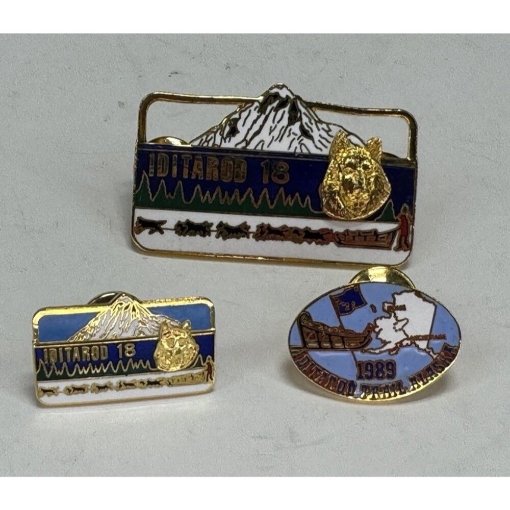3 VTG Alaska Iditarod 18 Dog Sled Race Enamel Pin Hat Lapel Lot 1989 1990 Rare